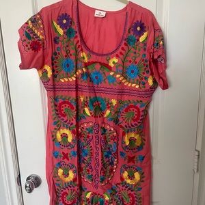 Mexican mini dress w/ beautiful embroidery. Peach color with embroidery, medium.